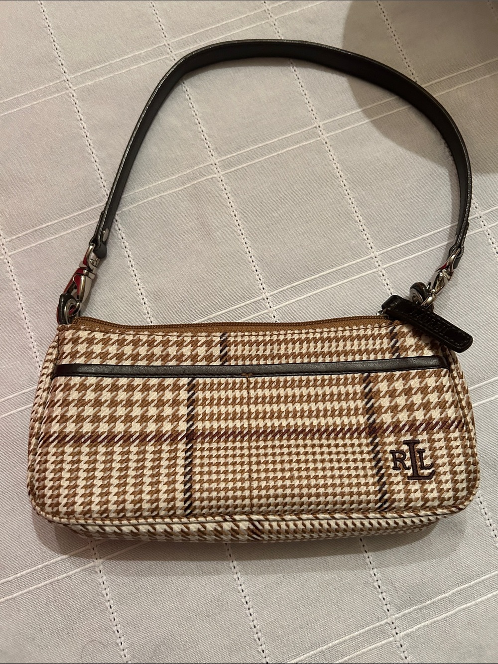 Ralph Lauren Brown & Cream houndstooth plaid shoulder mini bag